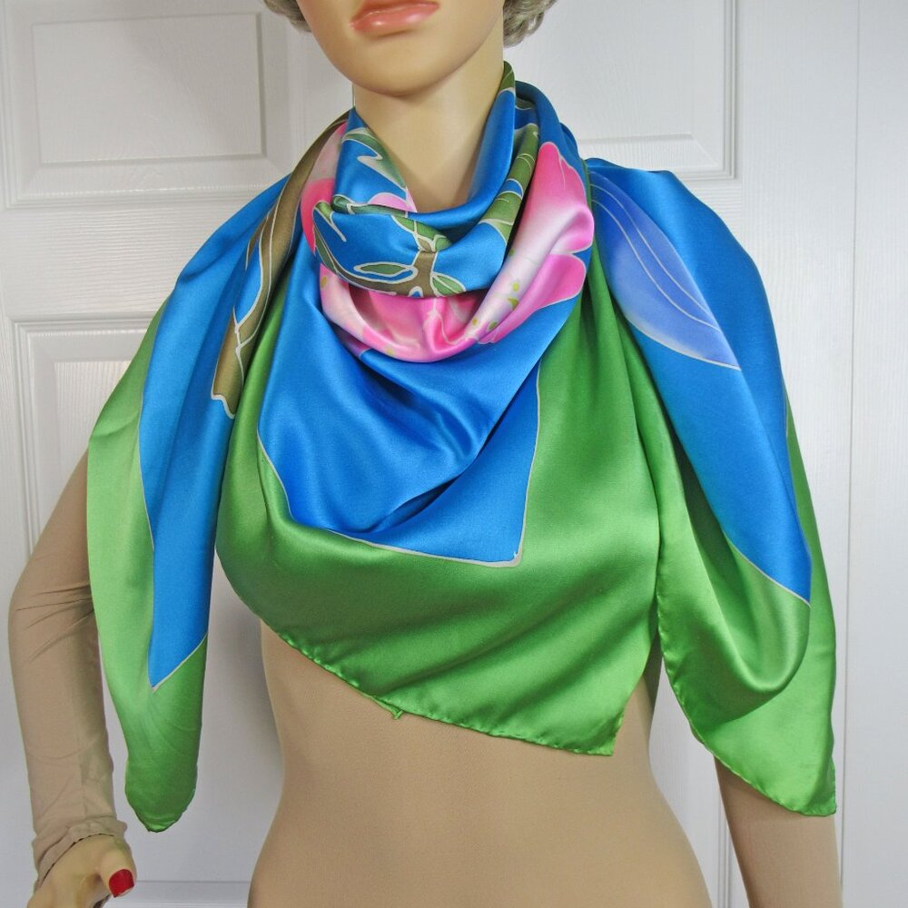 Tropical print 44 inch Scarf / Pareo / Shawl, Green, teal, pink blue floral - Picture 12 of 14